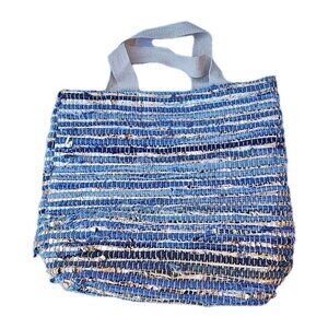 Blue Jean Denim Upcycled Gold String Handmade Boho Dbl Handle Beach Shopper Bag